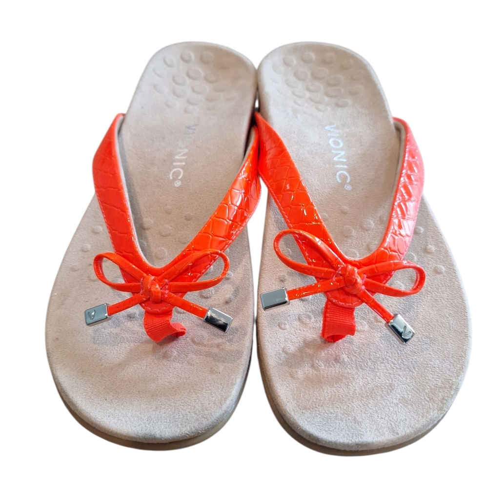 Vionic Bright Red Bella Flip Flops with Bow Accent 10